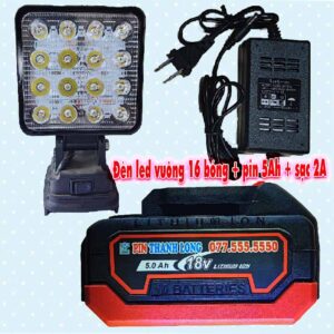 Đèn led vuông 16 bóng + pin 5Ah + sạc 2A